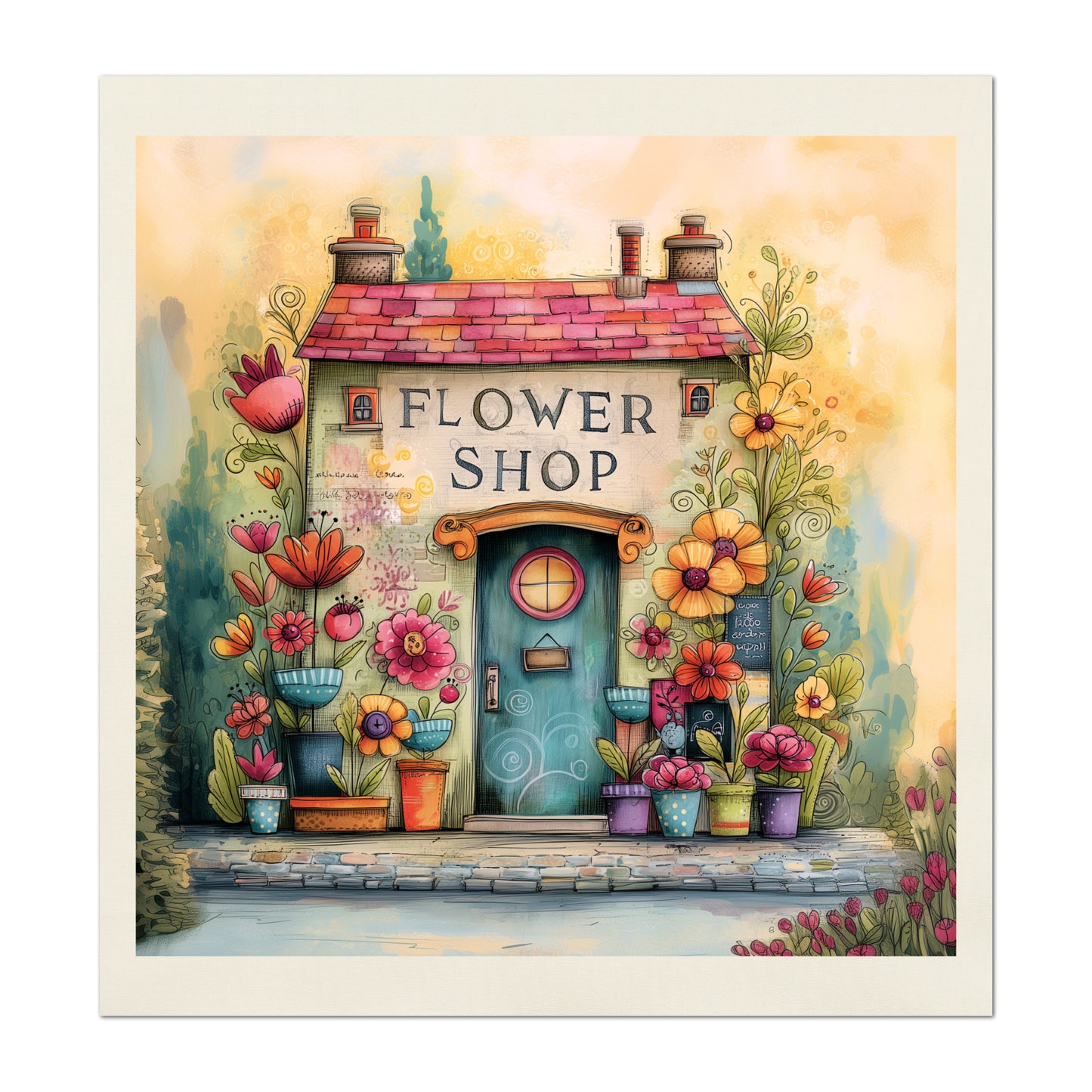 Baby Girl Fabric, Panel - Flower Shop, Nursery, Village, Print, Cotton, Watercolor, Block, Quilting, Sewing, Shower Gift