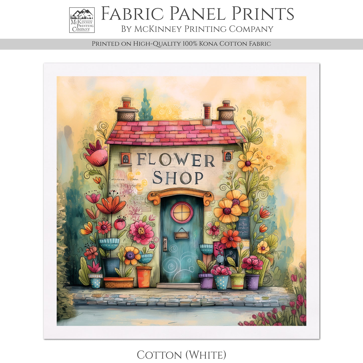 Baby Girl Fabric, Panel - Flower Shop, Nursery, Village, Print, Cotton, Watercolor, Block, Quilting, Sewing, Shower Gift