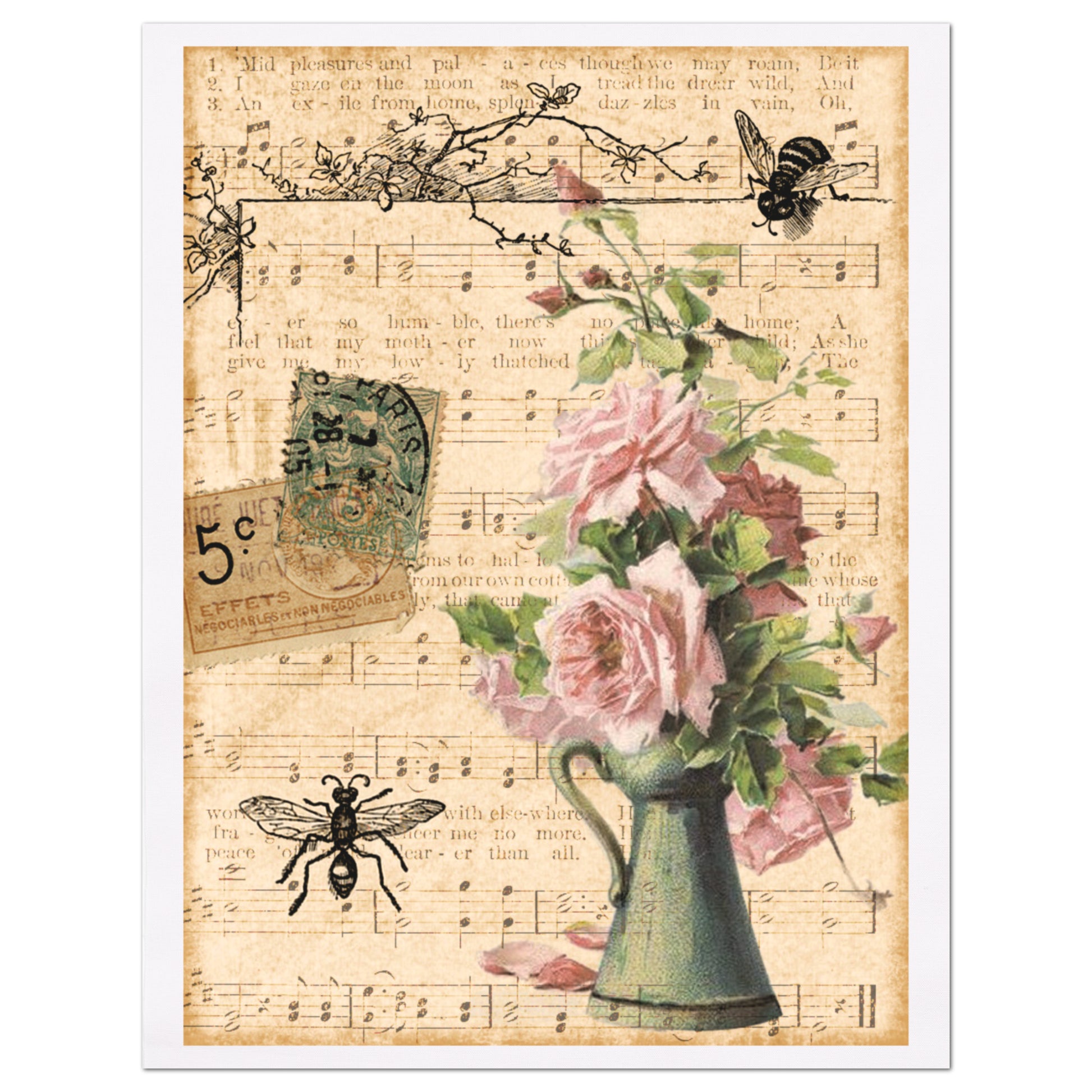 Sheet Music, Antique French Fabric, Pink Roses