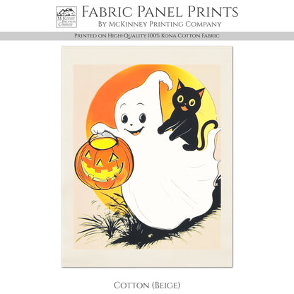 Halloween Fabric Panel - Ghost, Black Cat Fabric, Vintage, Retro, Craft, Pumpkin, Large Print, Block Print, Cotton, Quilting, Quilt