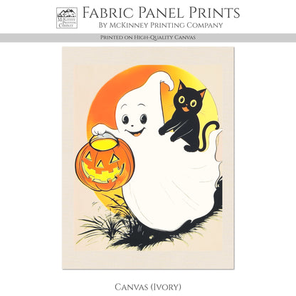 Halloween Fabric Panel - Ghost, Black Cat Fabric, Vintage, Retro, Craft, Pumpkin, Large Print, Block Print, Cotton, Quilting, Quilt