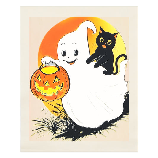 Halloween Fabric Panel - Ghost, Black Cat Fabric, Vintage, Retro, Craft, Pumpkin, Large Print, Block Print, Cotton, Quilting, Quilt
