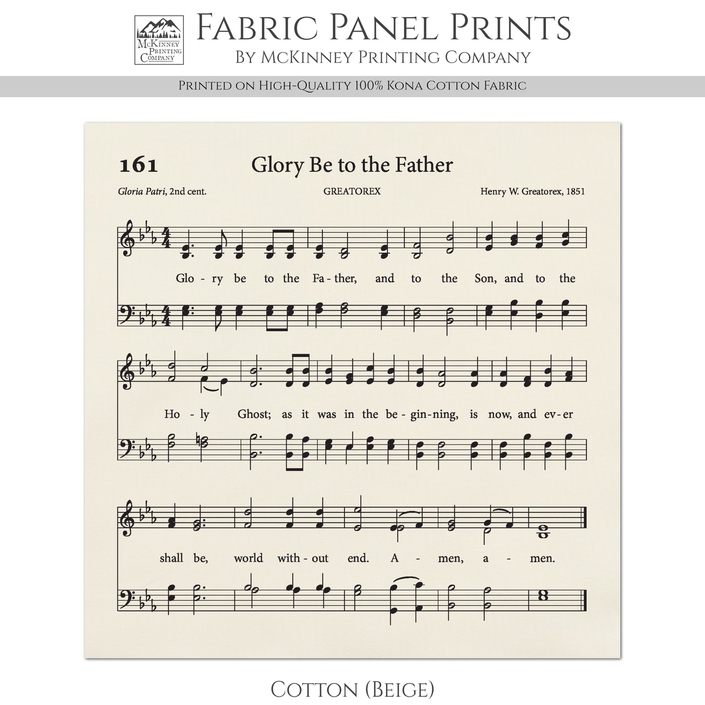 Doxology - Christian Fabric, Glory Be to the Father, Gloria Patri, Lyrics, Hymn, Vintage Sheet Music, Cotton, Quilting, Wall Art, Quilt