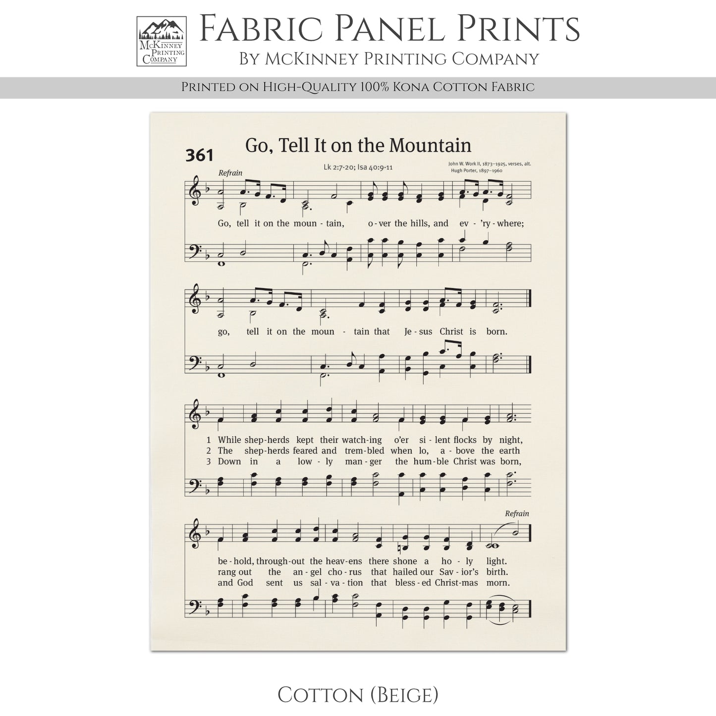 Go Tell It On The Mountain - Christian Fabric, Religious, Hymn Wall Art, Vintage Sheet Music, Choral, Quilting, Quilt, Cotton, Sewing, Cotton