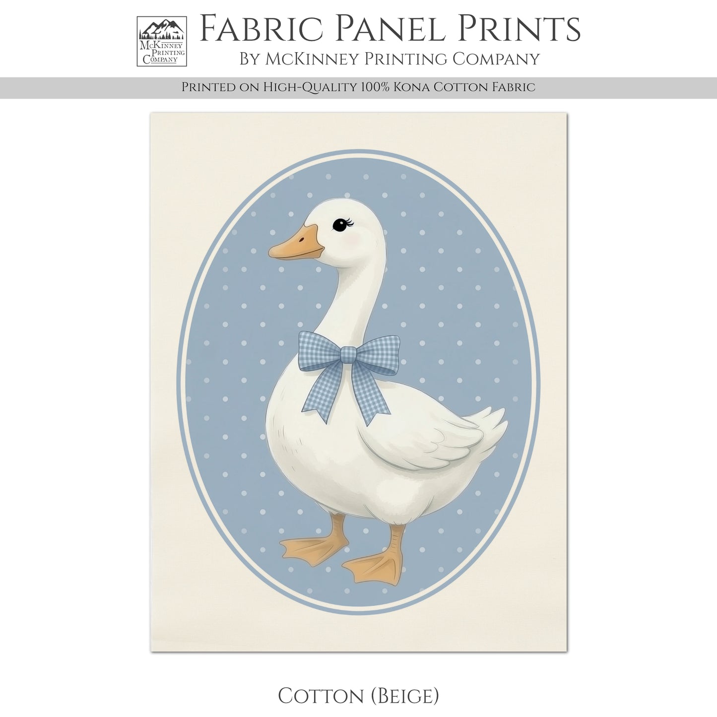 Blue Ribbon Goose - Fabric Panel, Bow, Vintage, 1980's, Duck, Porch, Décor, Wall Art, Block Print, Cotton, Quilting