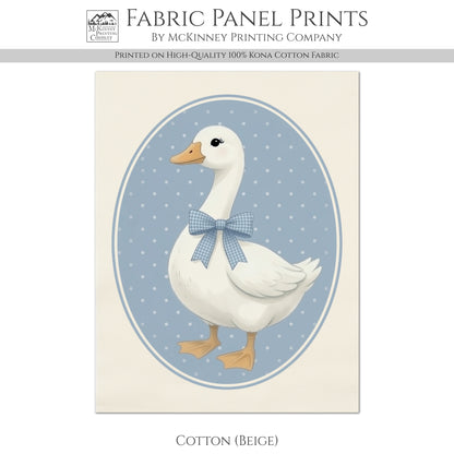 Blue Ribbon Goose - Fabric Panel, Bow, Vintage, 1980's, Duck, Porch, Décor, Wall Art, Block Print, Cotton, Quilting