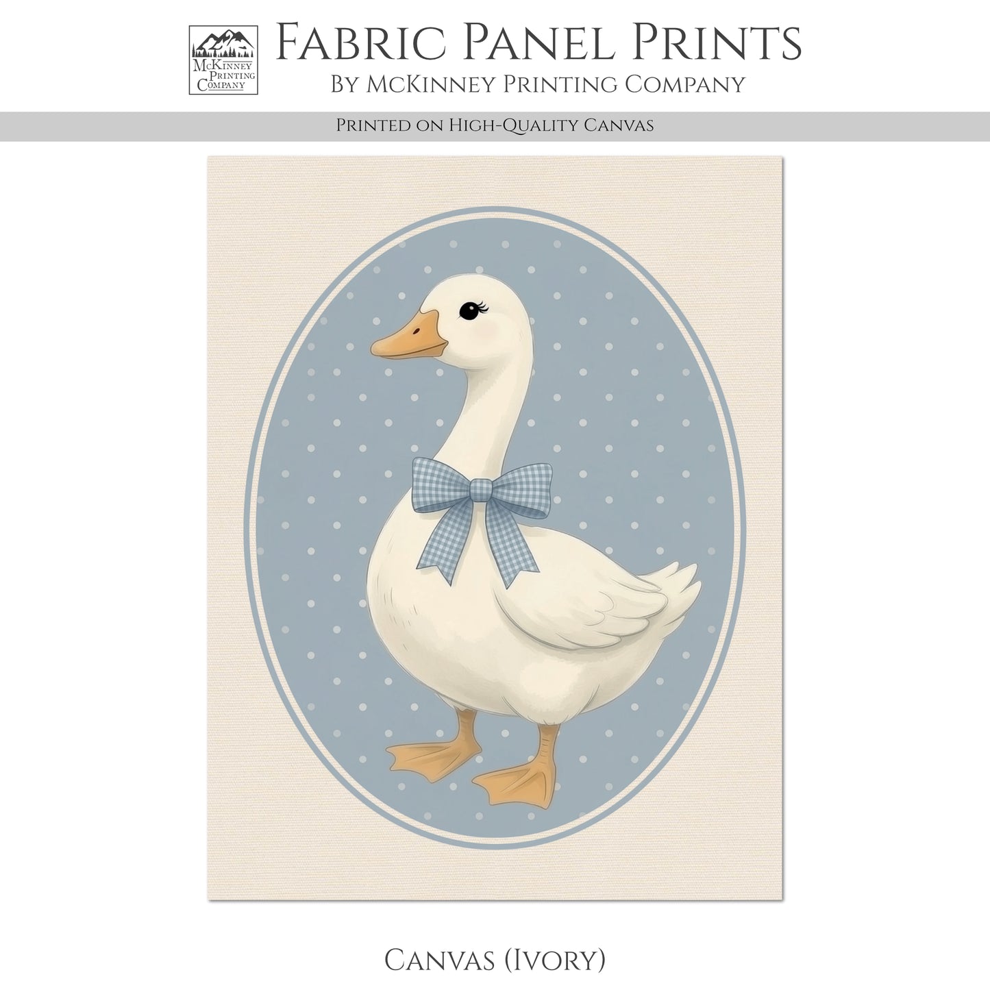 Blue Ribbon Goose - Fabric Panel, Bow, Vintage, 1980's, Duck, Porch, Décor, Wall Art, Block Print, Cotton, Quilting