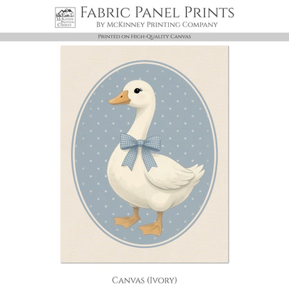 Blue Ribbon Goose - Fabric Panel, Bow, Vintage, 1980's, Duck, Porch, Décor, Wall Art, Block Print, Cotton, Quilting