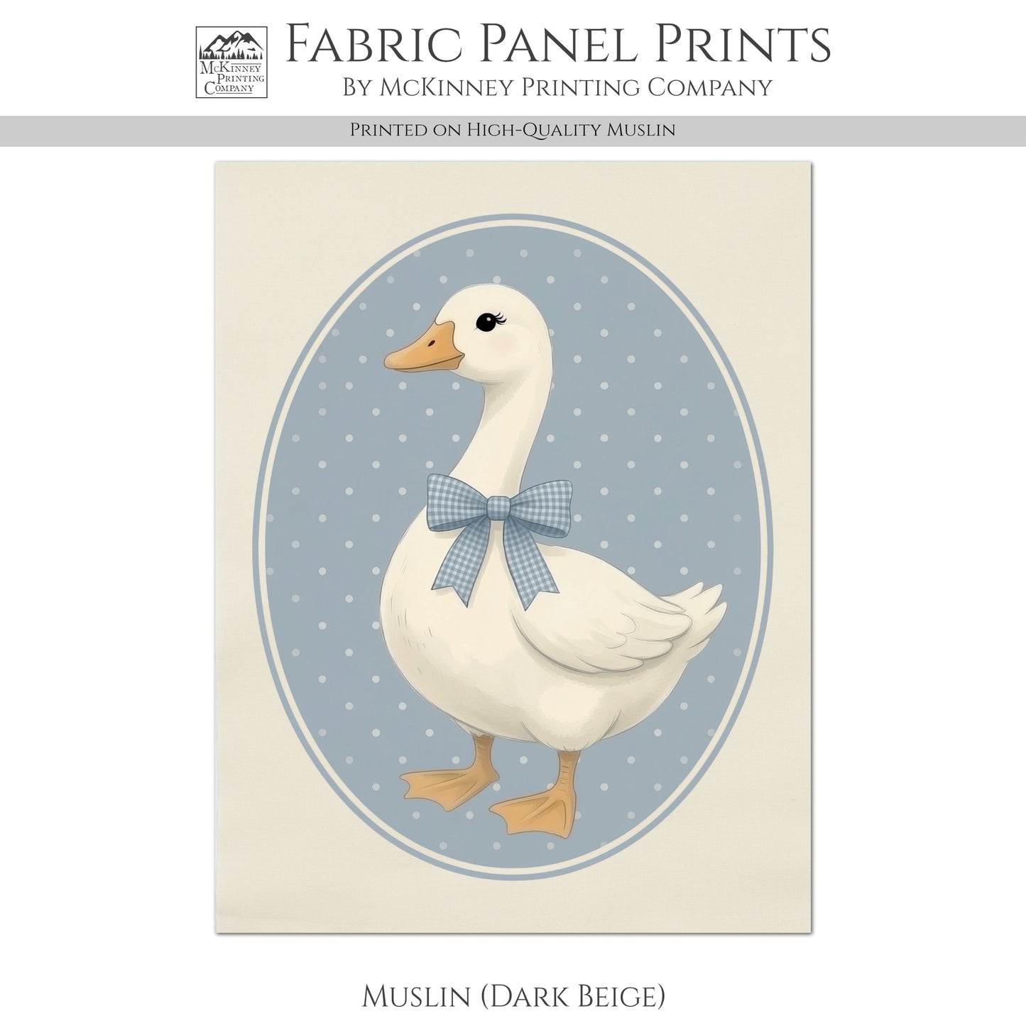 Blue Ribbon Goose - Fabric Panel, Bow, Vintage, 1980's, Duck, Porch, Décor, Wall Art, Block Print, Cotton, Quilting