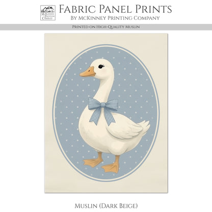 Blue Ribbon Goose - Fabric Panel, Bow, Vintage, 1980's, Duck, Porch, Décor, Wall Art, Block Print, Cotton, Quilting