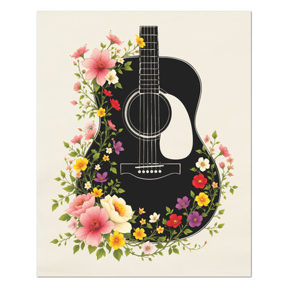 Guitar Fabric - Music Lover Gift, Flowers, Floral, Acoustic, Watercolor Print, Quilt Block, Wall Art