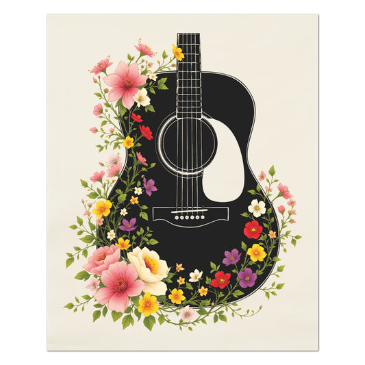 Guitar Fabric - Music Lover Gift, Flowers, Floral, Acoustic, Watercolor Print, Quilt Block, Wall Art