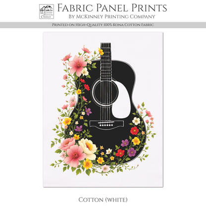 Guitar Fabric - Music Lover Gift, Flowers, Floral, Acoustic, Watercolor Print, Quilt Block, Wall Art