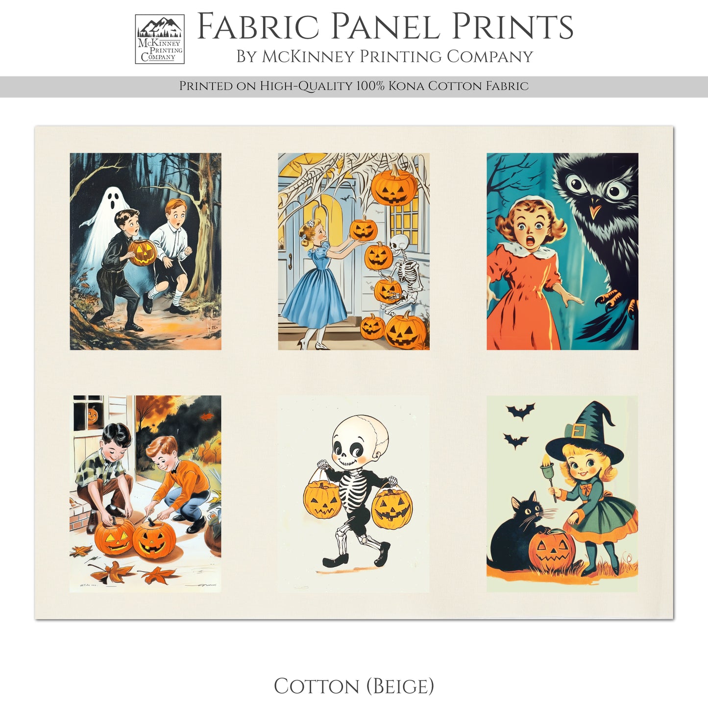 Halloween Fabric Bundle - Fabric Panel, Vintage, Retro, Craft, Pumpkin, Large Print, Block, Cotton, Quilting, Quilt, Canvas