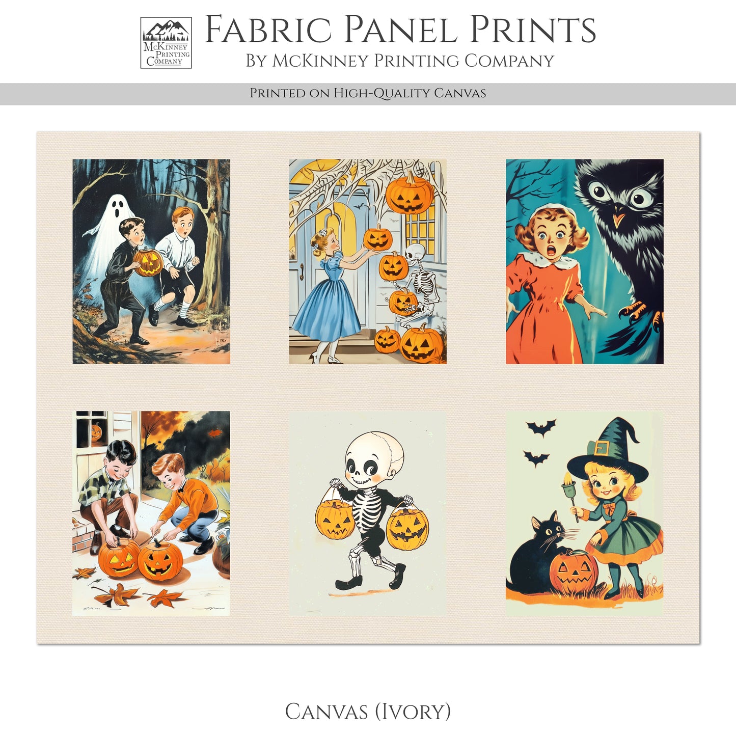 Halloween Fabric Bundle - Fabric Panel, Vintage, Retro, Craft, Pumpkin, Large Print, Block, Cotton, Quilting, Quilt, Canvas