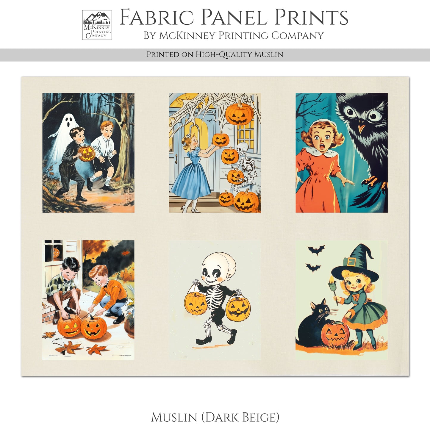 Halloween Fabric Bundle - Fabric Panel, Vintage, Retro, Craft, Pumpkin, Large Print, Block, Cotton, Quilting, Quilt, Canvas