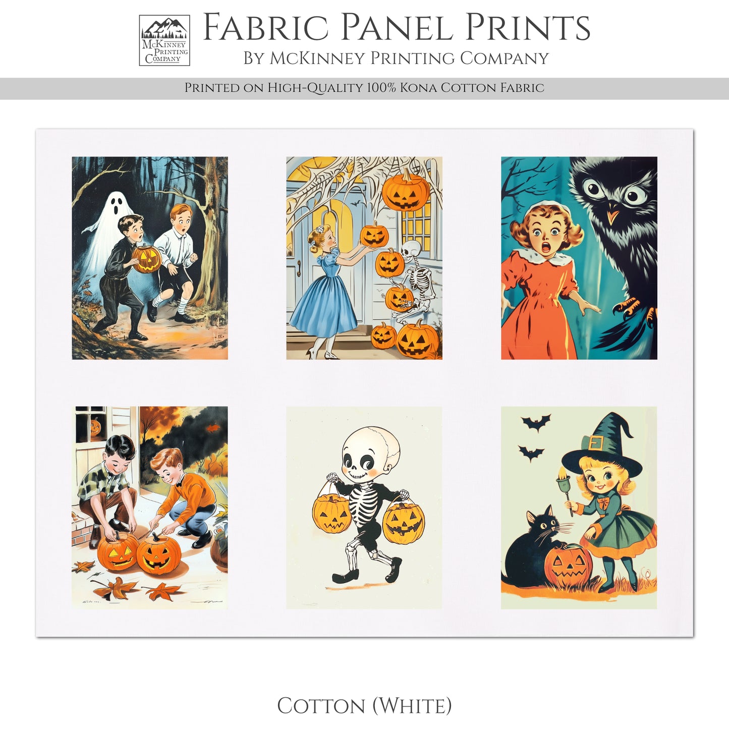 Halloween Fabric Bundle - Fabric Panel, Vintage, Retro, Craft, Pumpkin, Large Print, Block, Cotton, Quilting, Quilt, Canvas