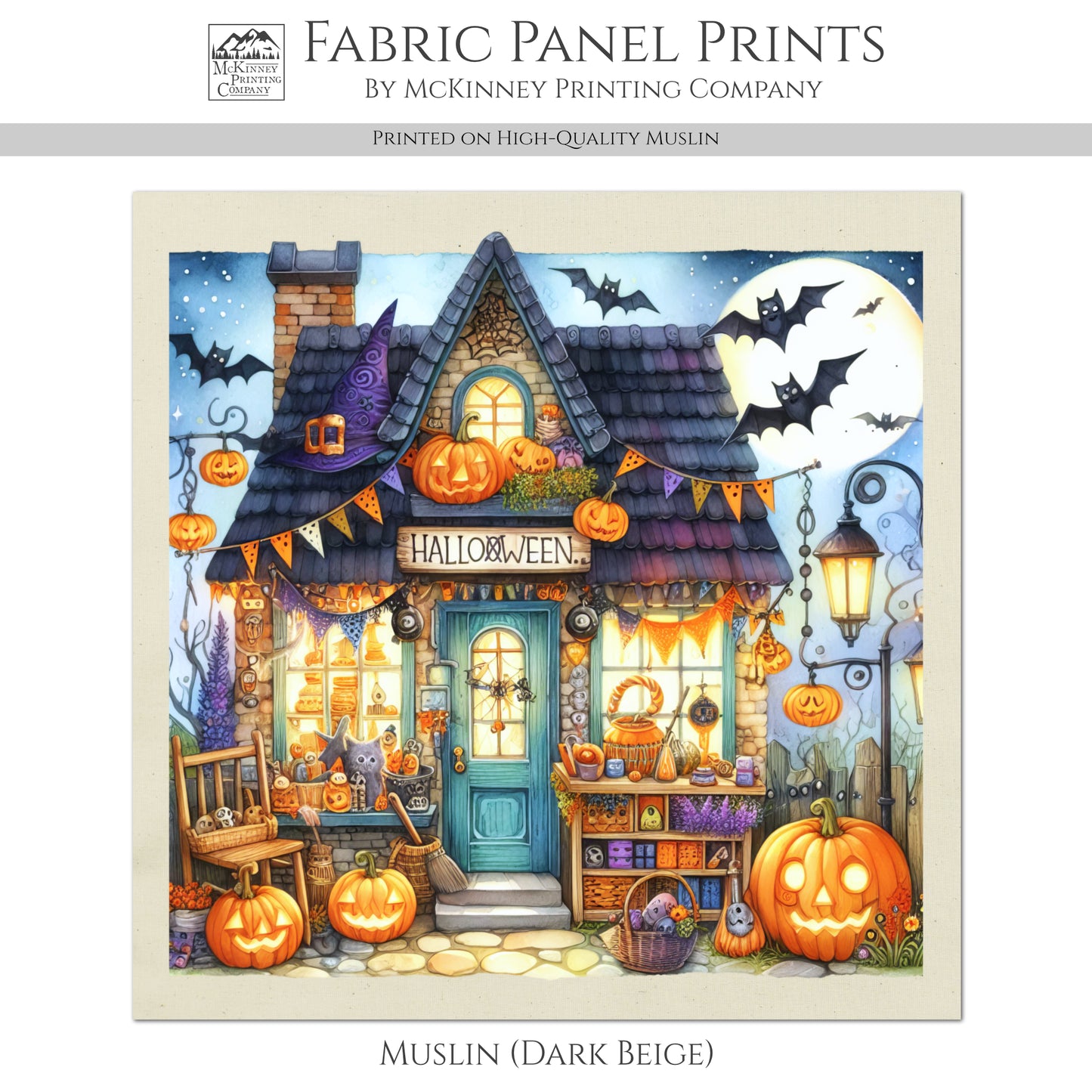Halloween Fabric Panel - Fall Fabric Panel, Pumpkin, Watercolor, Cotton, Fall, Canvas, Quilt Block, Wall Art