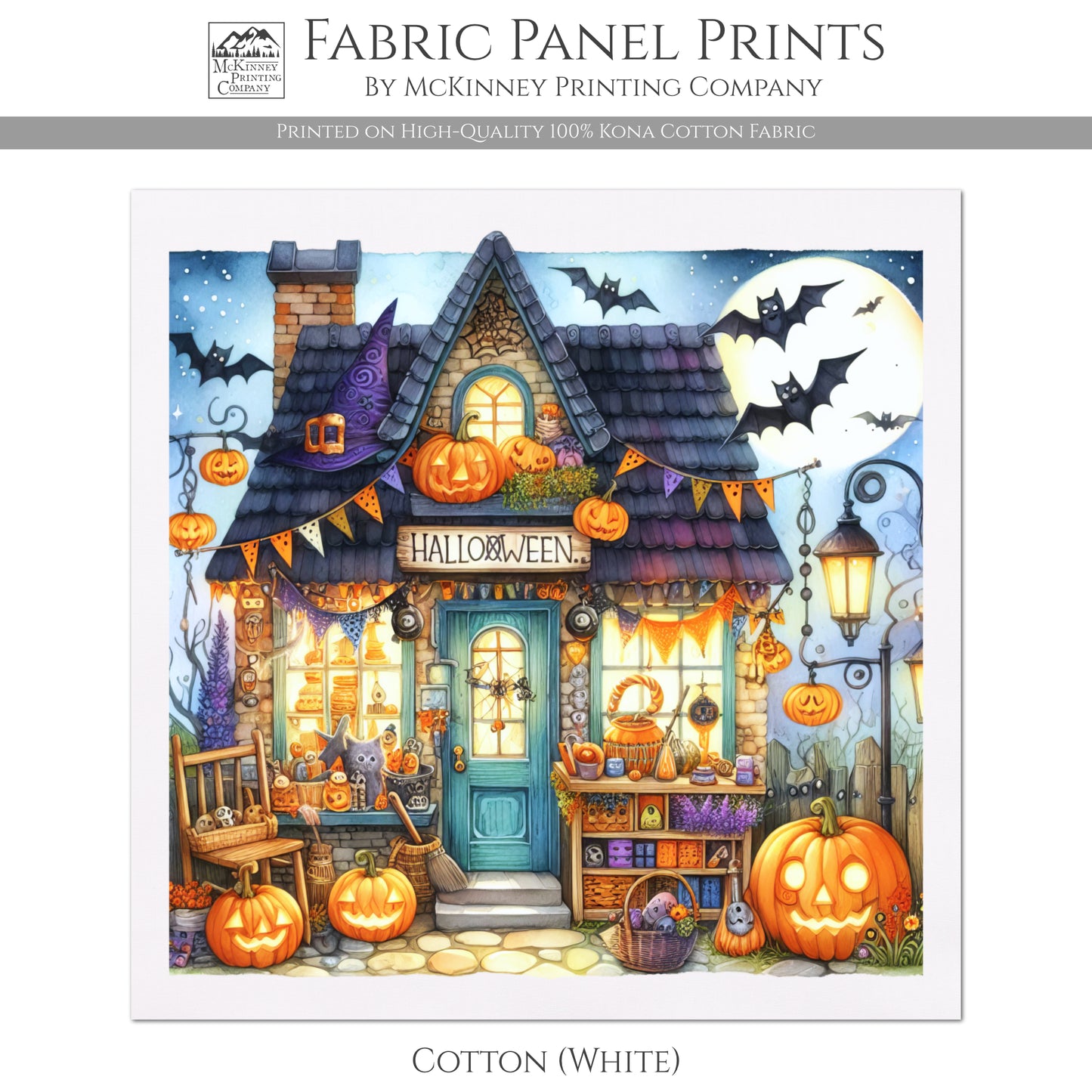Halloween Fabric Panel - Fall Fabric Panel, Pumpkin, Watercolor, Cotton, Fall, Canvas, Quilt Block, Wall Art