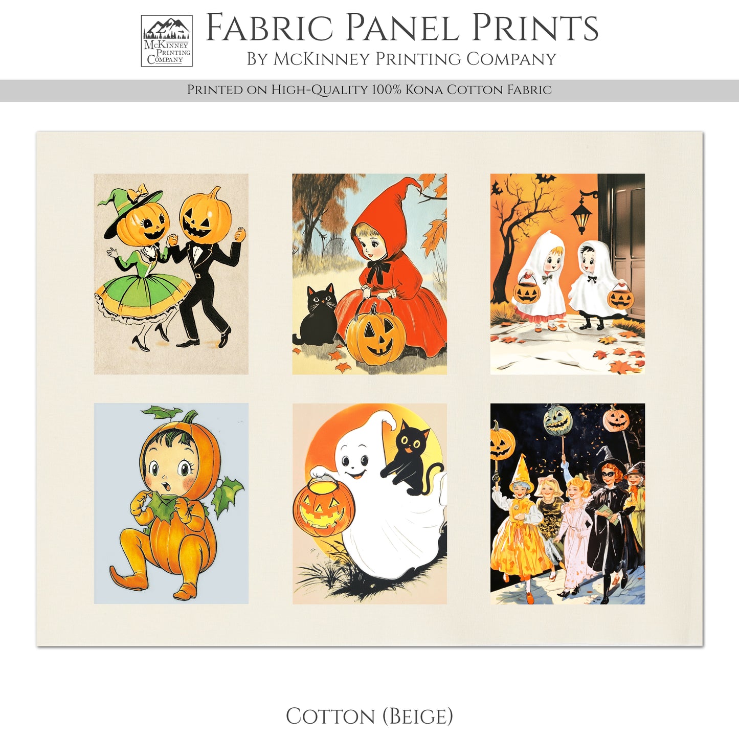 Halloween Fabric Bundle - Fabric Panel, Vintage, Retro, Ghost, Black Cat, Pumpkin, Large Print, Block, Craft, Cotton, Quilting, Quilt, Canvas