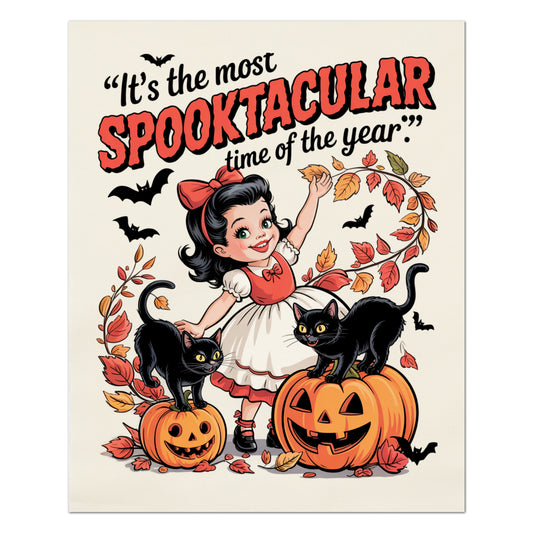 Halloween Fabric Panel - Black Cat Fabric, Vintage, Retro, Girl, Craft, Pumpkin, Large Print, Block Print, Cotton, Quilting, Quilt, Canvas