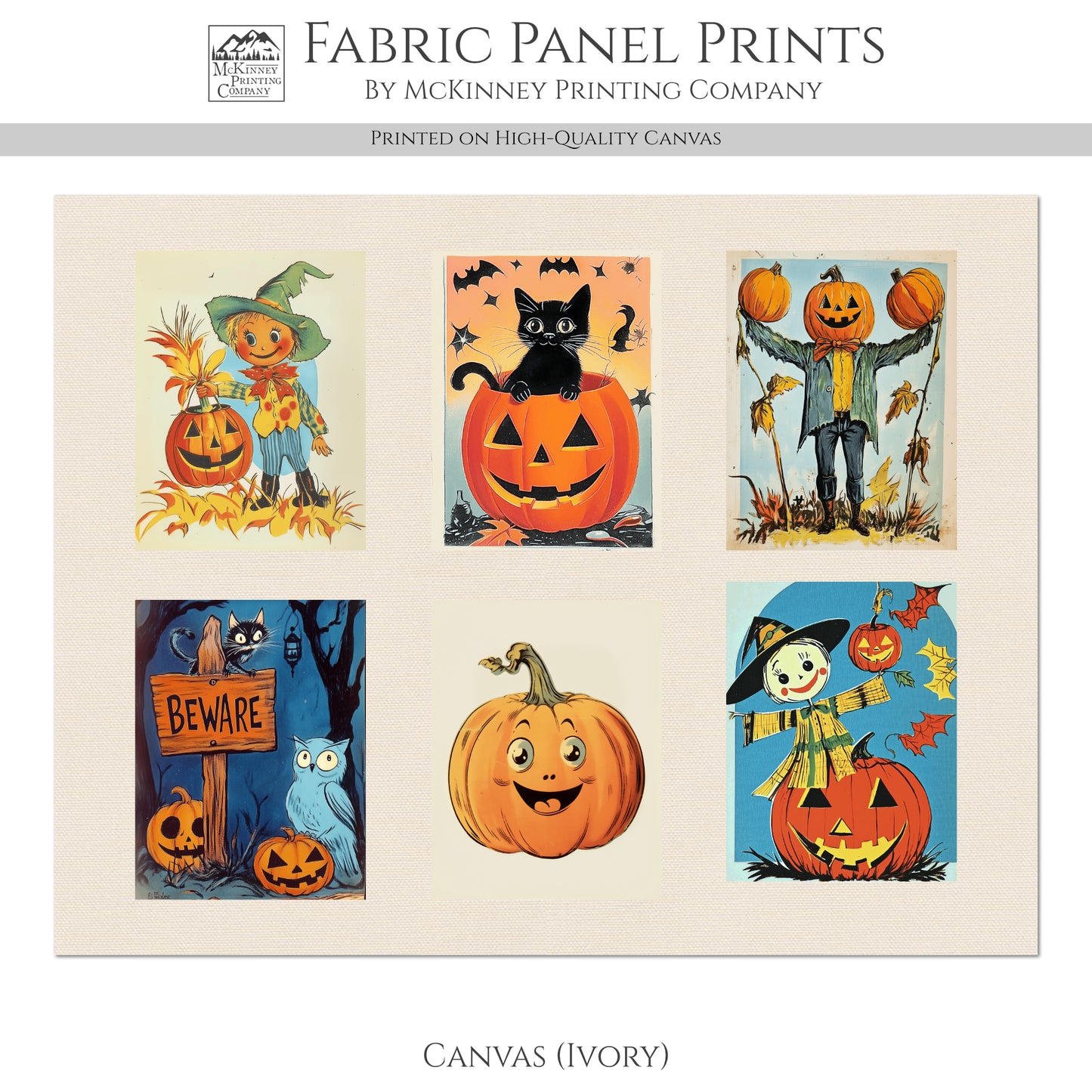 Halloween Fabric Bundle - Fabric Panel, Vintage, Retro, Black Cat, Pumpkin, Large Print, Block, Craft, Cotton, Quilting, Quilt, Canvas