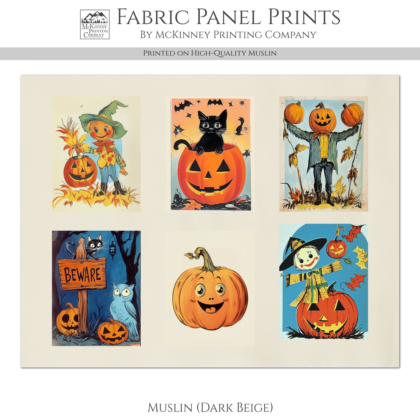 Halloween Fabric Bundle - Fabric Panel, Vintage, Retro, Black Cat, Pumpkin, Large Print, Block, Craft, Cotton, Quilting, Quilt, Canvas