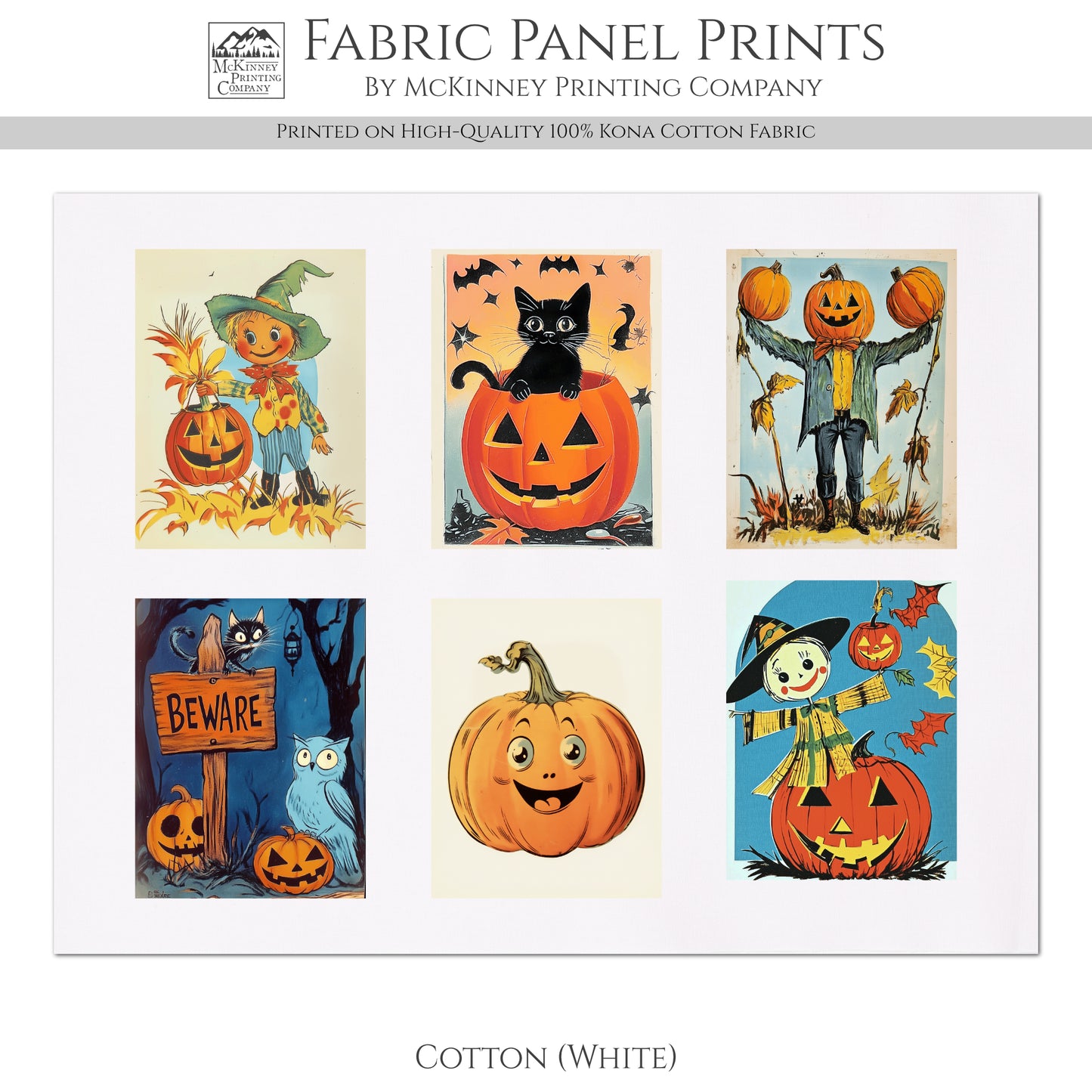 Halloween Fabric Bundle - Fabric Panel, Vintage, Retro, Black Cat, Pumpkin, Large Print, Block, Craft, Cotton, Quilting, Quilt, Canvas