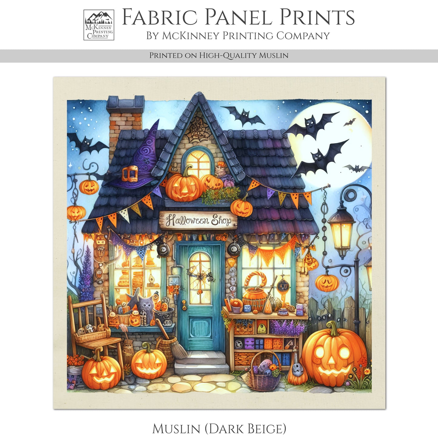 Halloween Fabric Panel - Fall Fabric Panel, Pumpkin, Watercolor, Cotton, Fall, Canvas, Quilt Block, Wall Art