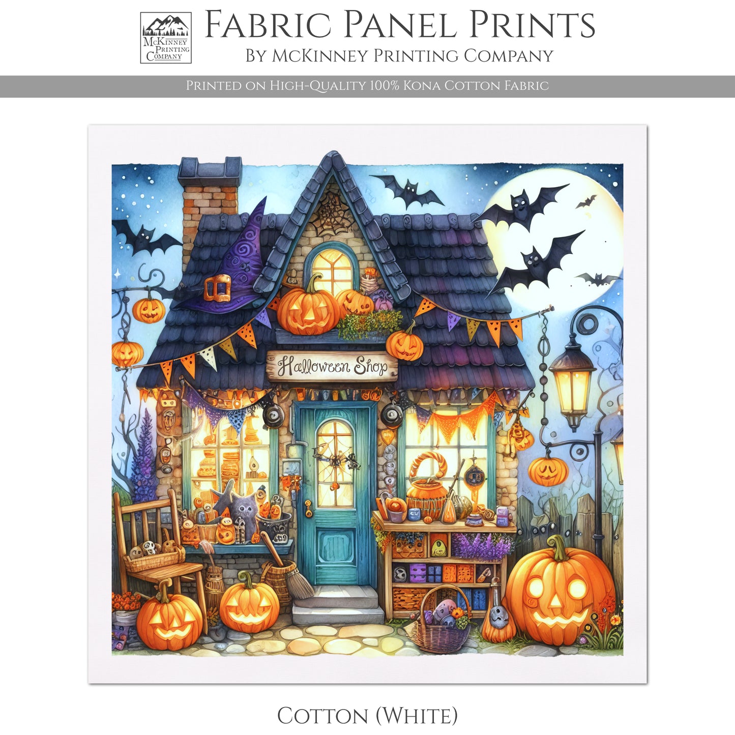 Halloween Fabric Panel - Fall Fabric Panel, Pumpkin, Watercolor, Cotton, Fall, Canvas, Quilt Block, Wall Art