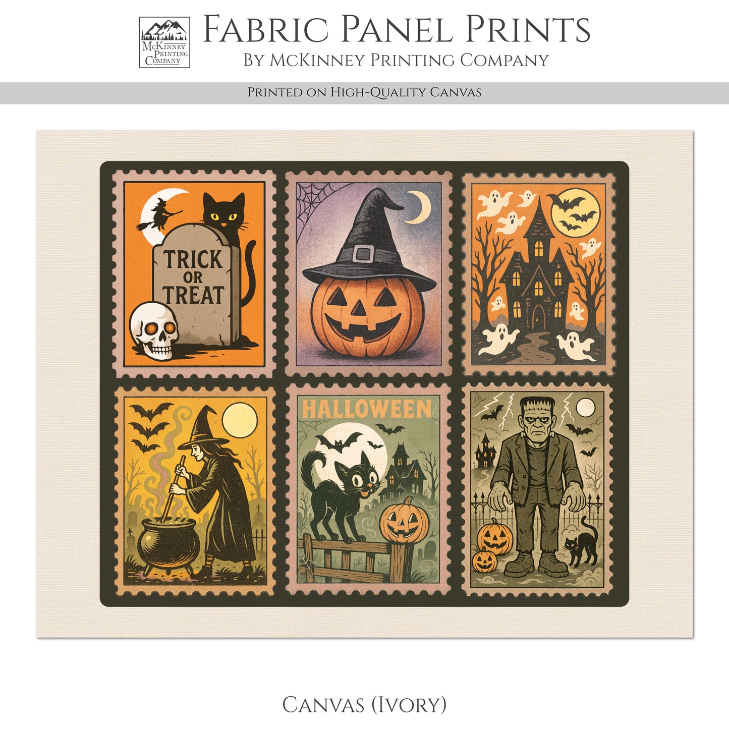 Halloween Stamps - Fabric Panel, Vintage, Black Cat, Witch, Frankenstein, Craft, Large Print, Block, Cotton, Quilting, Quilt
