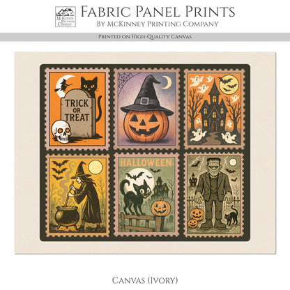 Halloween Stamps - Fabric Panel, Vintage, Black Cat, Witch, Frankenstein, Craft, Large Print, Block, Cotton, Quilting, Quilt