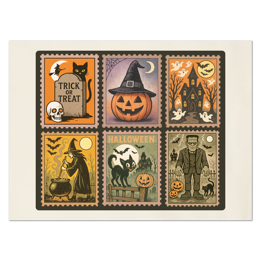 Halloween Stamps - Fabric Panel, Vintage, Black Cat, Witch, Frankenstein, Craft, Large Print, Block, Cotton, Quilting, Quilt