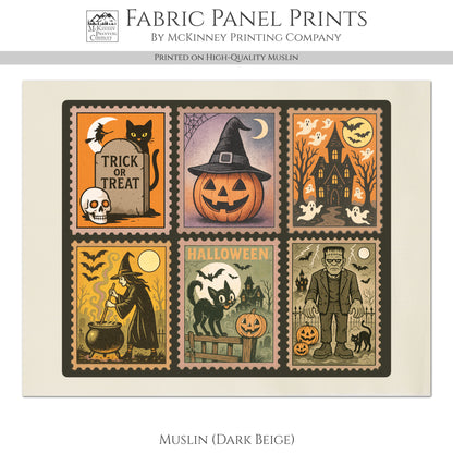 Halloween Stamps - Fabric Panel, Vintage, Black Cat, Witch, Frankenstein, Craft, Large Print, Block, Cotton, Quilting, Quilt