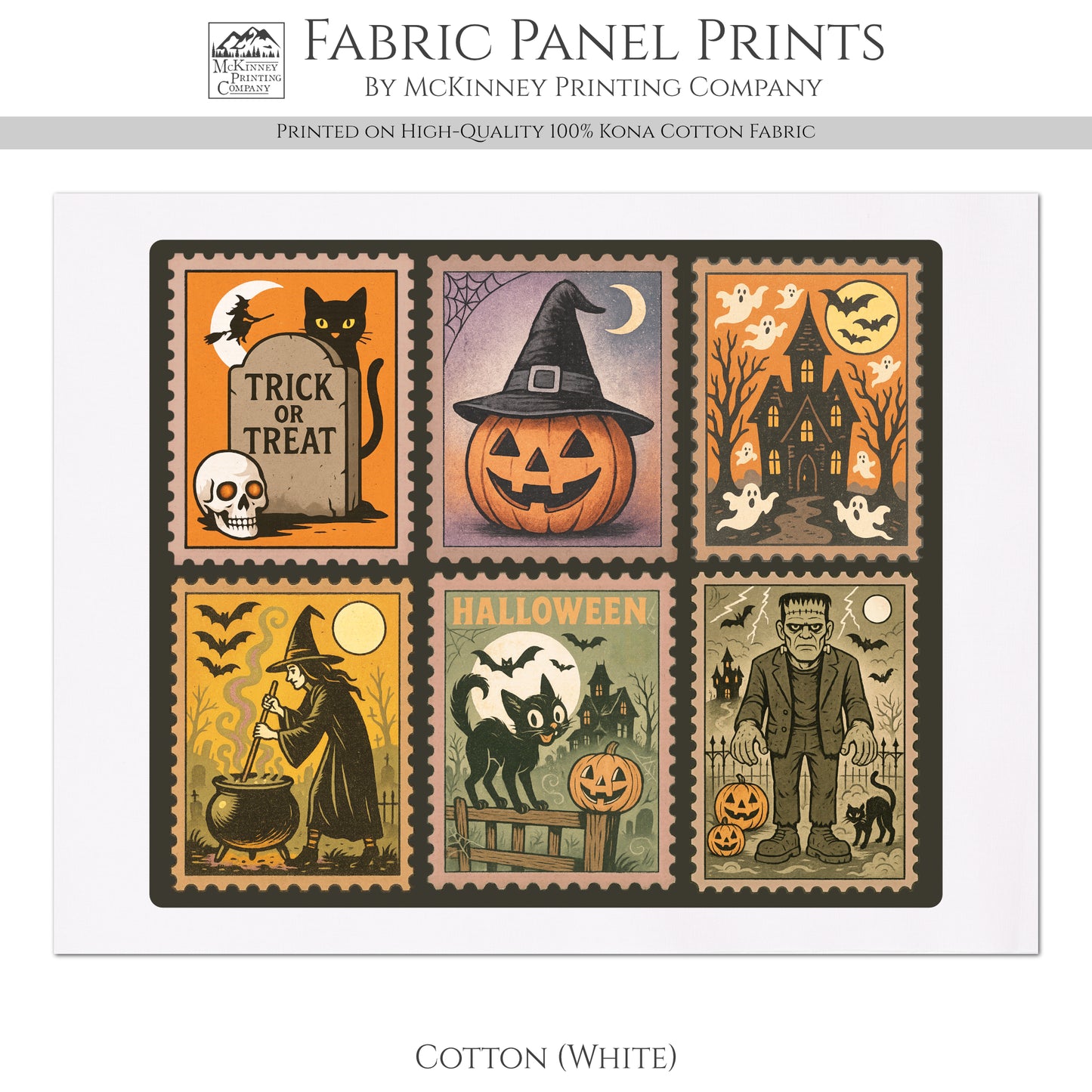 Halloween Stamps - Fabric Panel, Vintage, Black Cat, Witch, Frankenstein, Craft, Large Print, Block, Cotton, Quilting, Quilt
