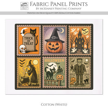 Halloween Stamps - Fabric Panel, Vintage, Black Cat, Witch, Frankenstein, Craft, Large Print, Block, Cotton, Quilting, Quilt