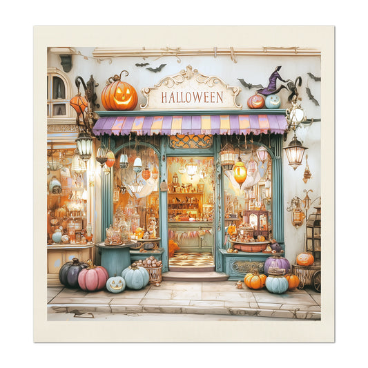 Halloween Fabric - Fall Fabric Panel, Old Downtown Store, Pumpkin, Decor, Bat, Watercolor, Cotton, Quilt Block, Wall Art