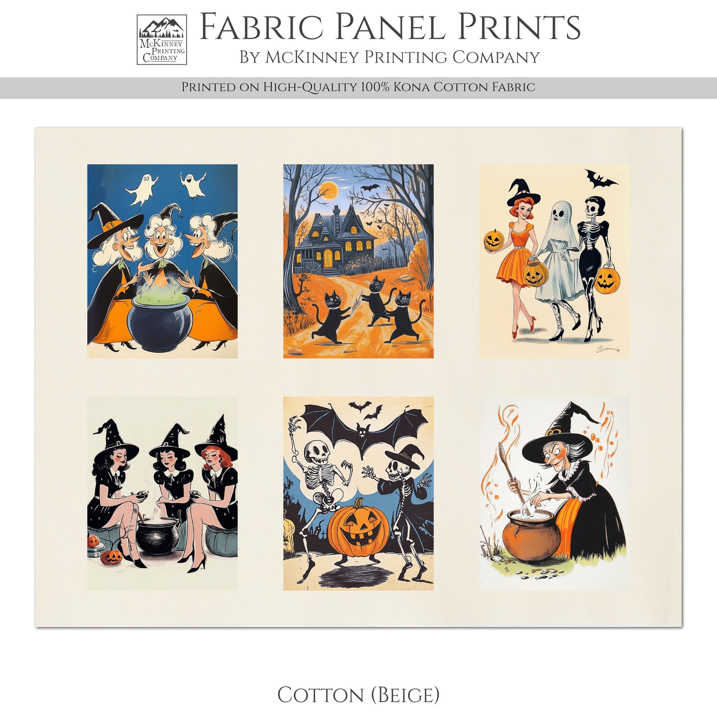 Halloween Fabric Bundle - Fabric Panel, Vintage, Retro, Witch, Black Cat, Pumpkin, Large Print, Block, Craft, Cotton, Quilting, Quilt, Canvas