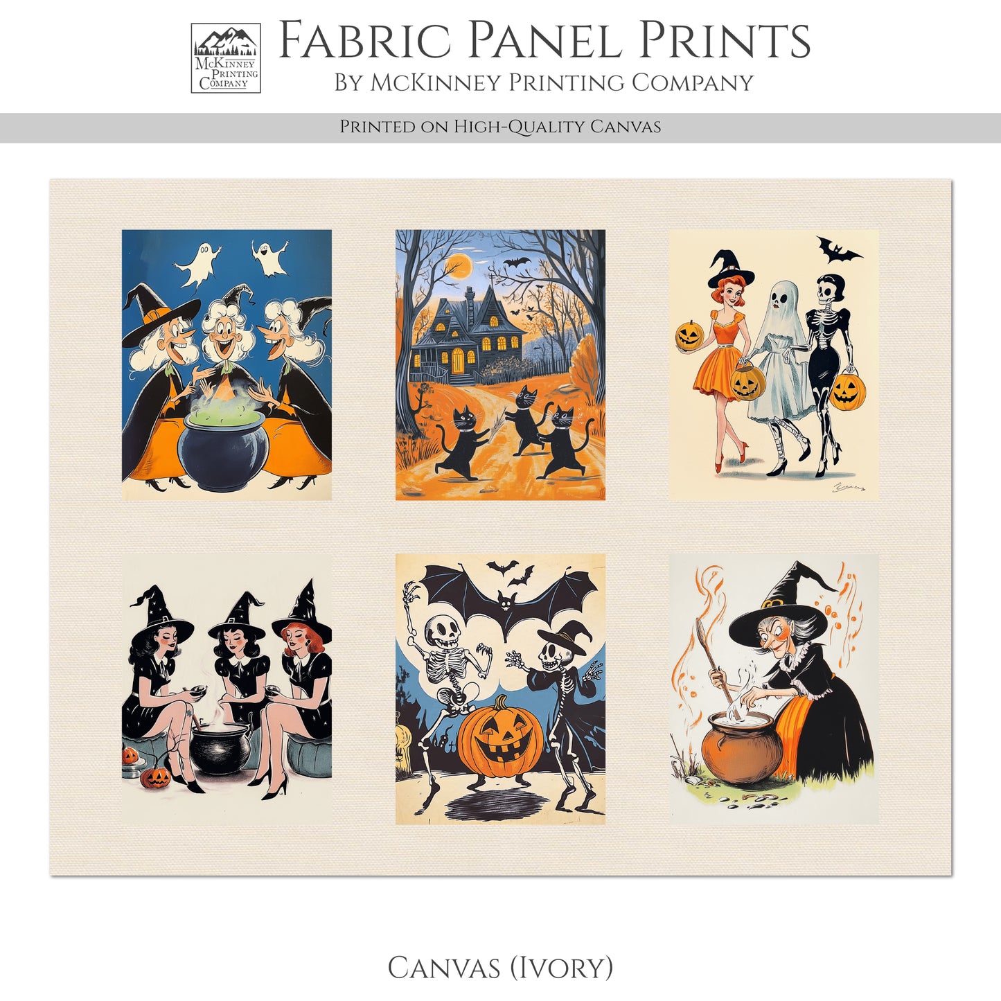 Halloween Fabric Bundle - Fabric Panel, Vintage, Retro, Witch, Black Cat, Pumpkin, Large Print, Block, Craft, Cotton, Quilting, Quilt, Canvas