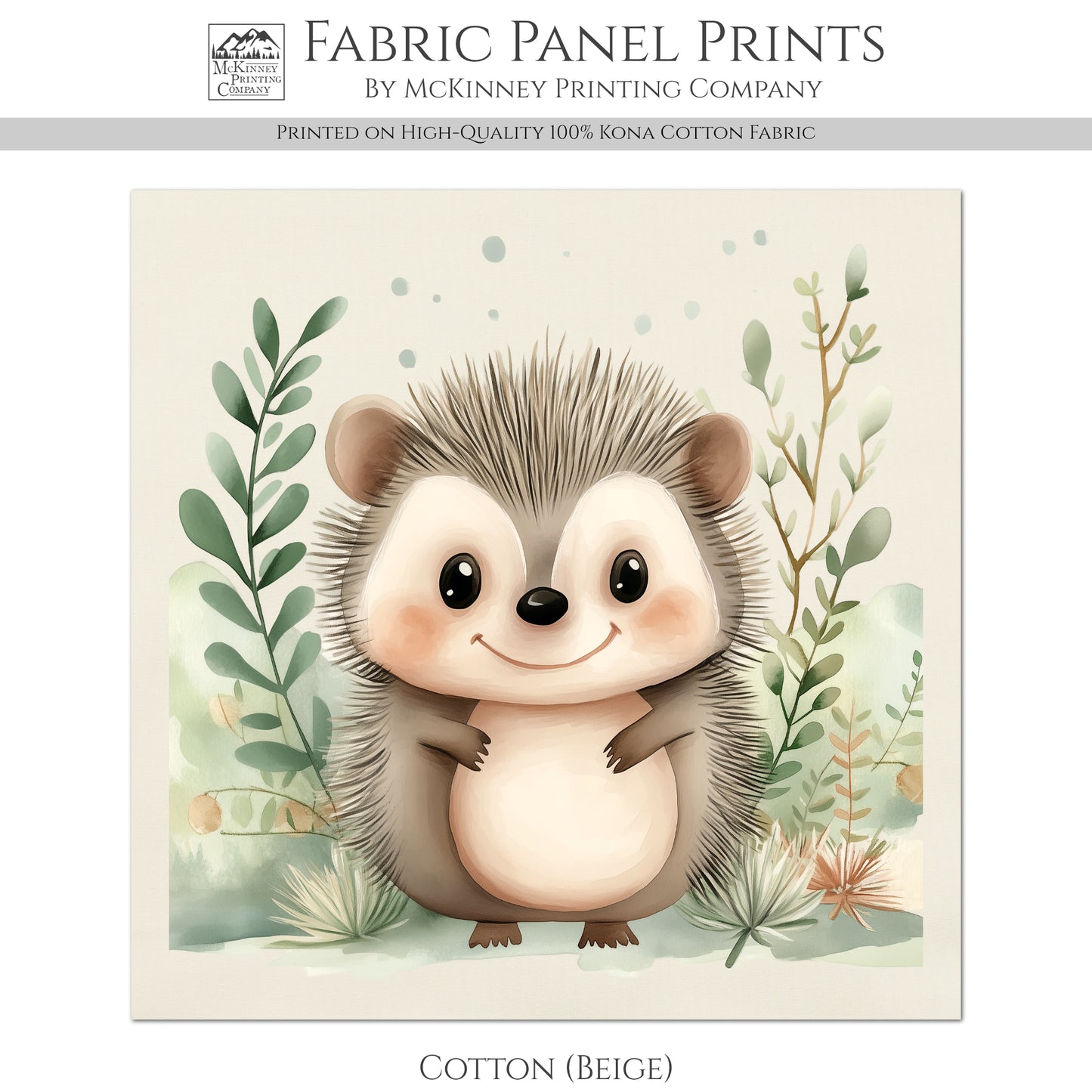 Woodland Animal Fabric - Hedgehog, Baby Fabric Panels, Forest, Nursery Décor, Quilt Block, Wall Art, Cotton, Quilting