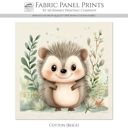 Woodland Animal Fabric - Hedgehog, Baby Fabric Panels, Forest, Nursery Décor, Quilt Block, Wall Art, Cotton, Quilting