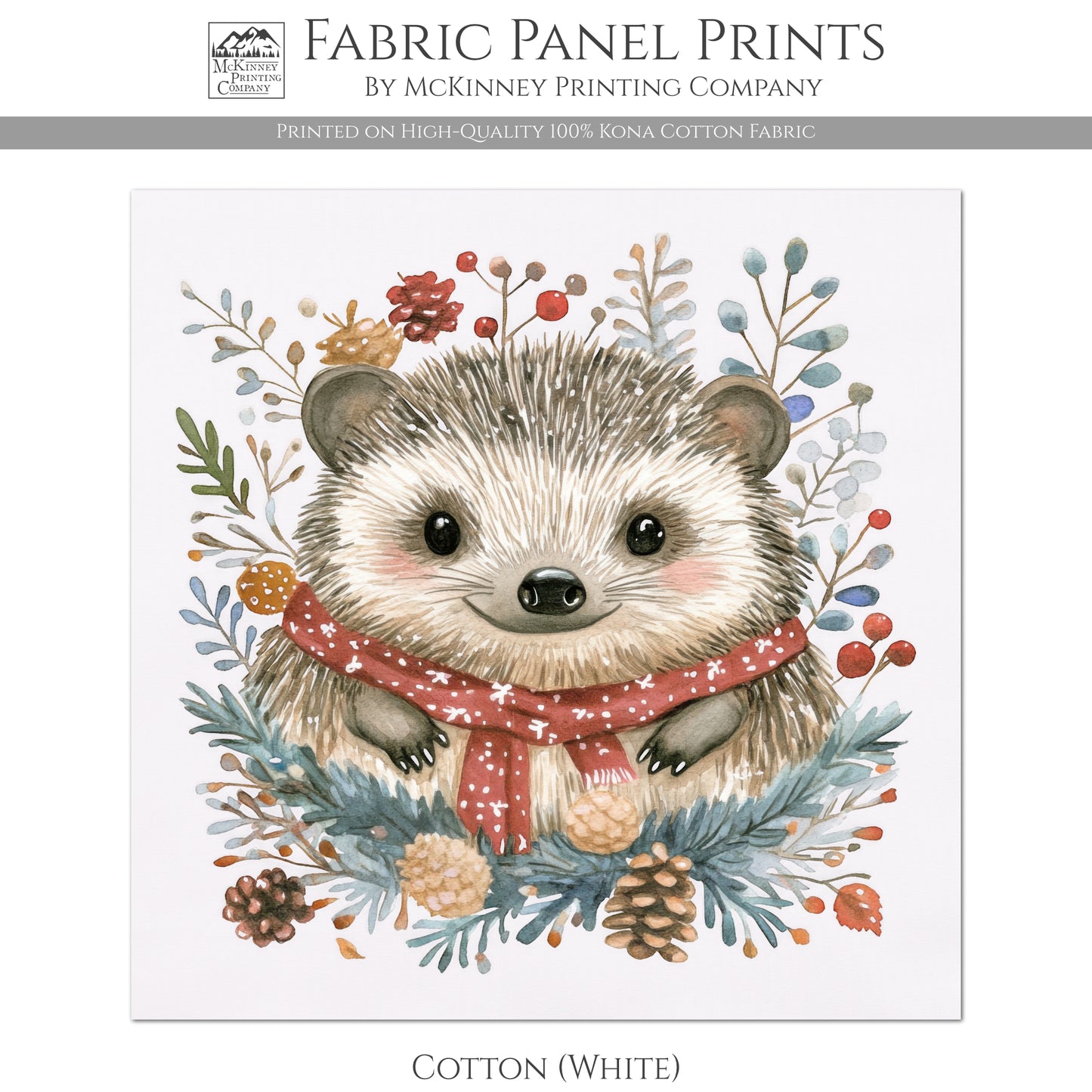 Hedgehog - Christmas Fabric Panel, Cotton, Baby Fabric Panel, Animal, Decor, Wall Art, Large Print, Block Print, Cotton, Quilting, Quilt, Sewing