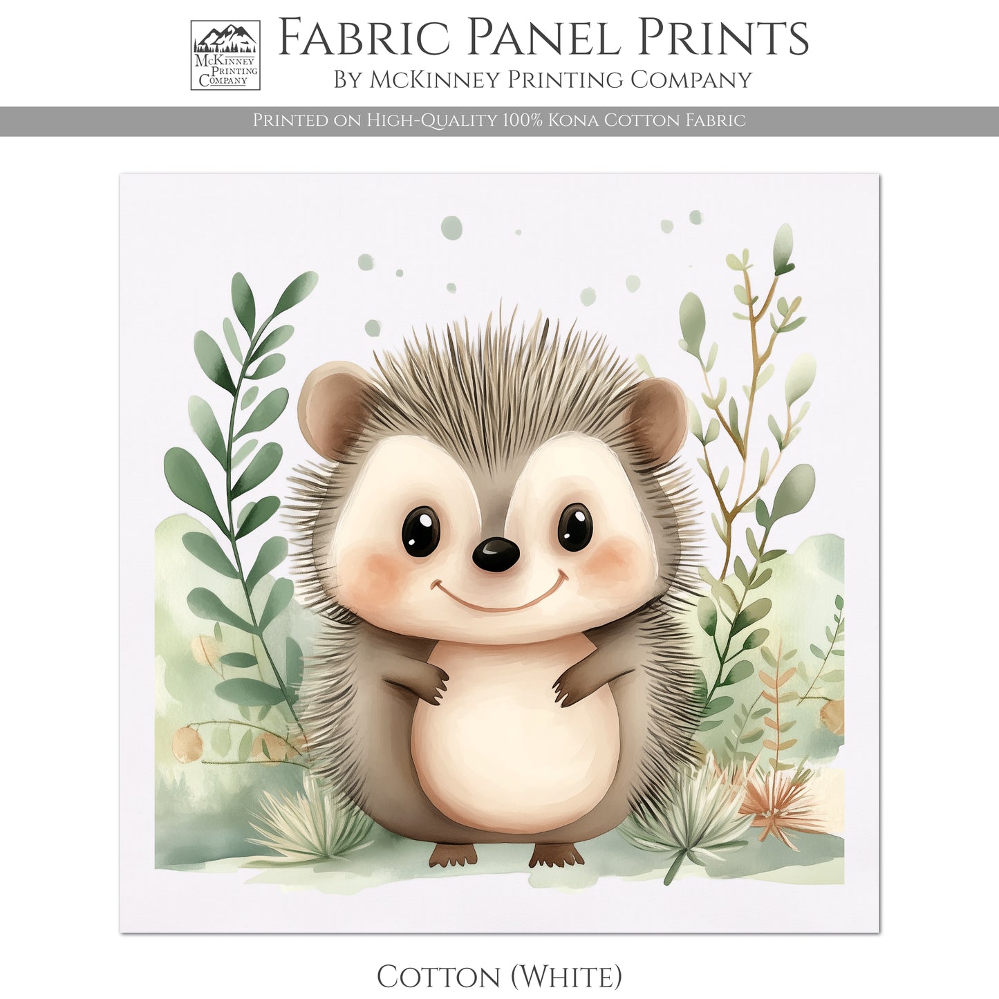 Woodland Animal Fabric - Hedgehog, Baby Fabric Panels, Forest, Nursery Décor, Quilt Block, Wall Art, Cotton, Quilting