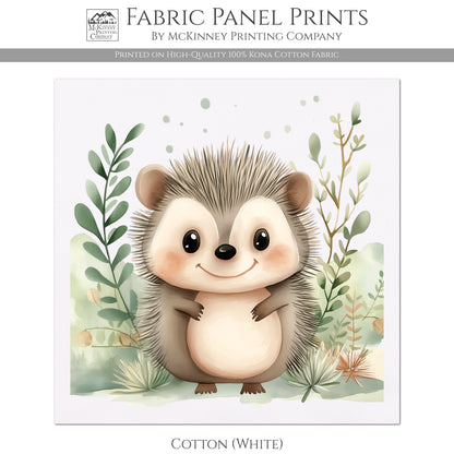Woodland Animal Fabric - Hedgehog, Baby Fabric Panels, Forest, Nursery Décor, Quilt Block, Wall Art, Cotton, Quilting