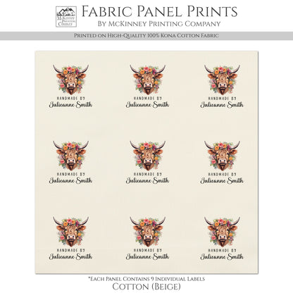 Quilt Labels - Highland Cow Fabric, Handmade, Fabric Tags, Personalized, Custom, Quilting, Crafting and Sewing Tags