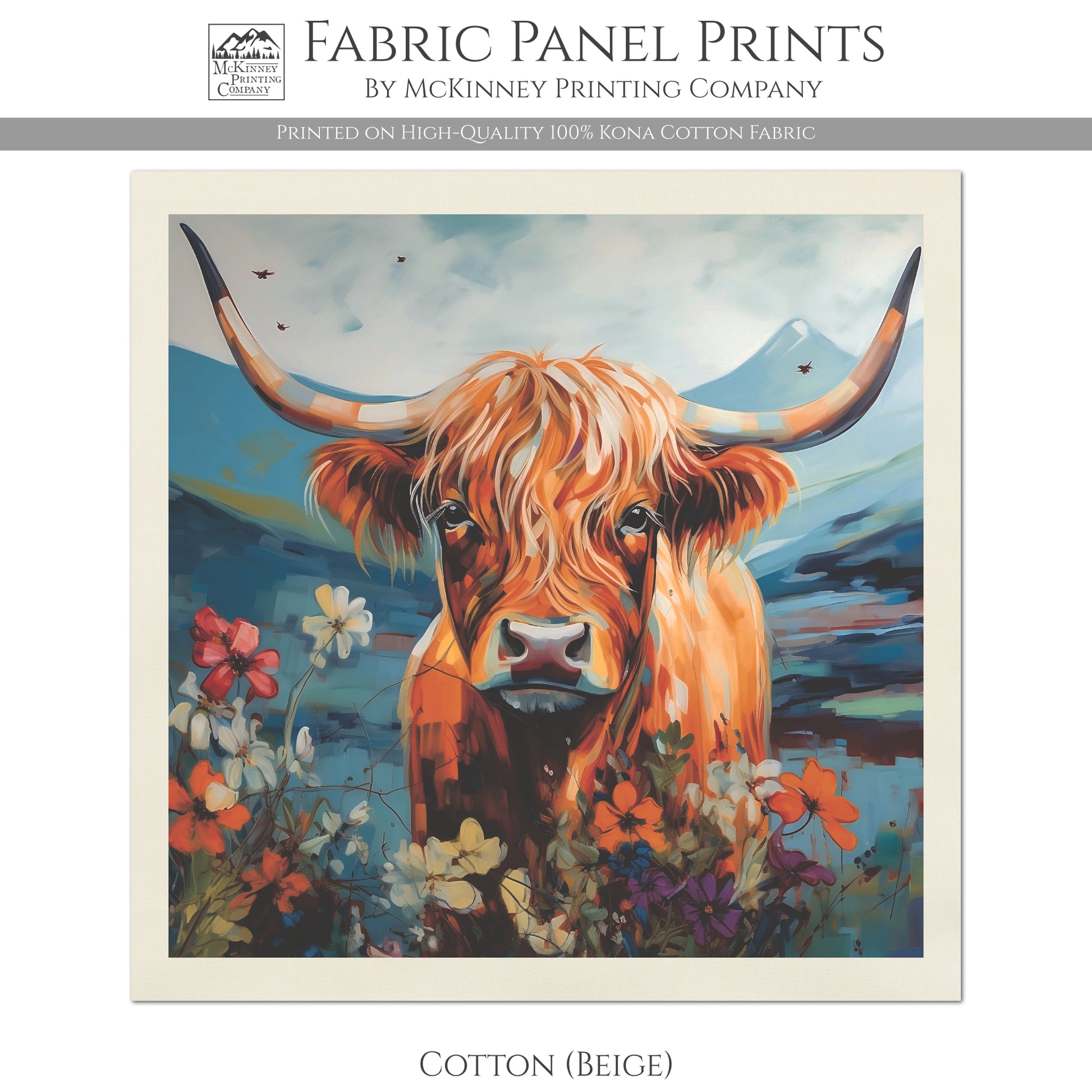 Highland Cow Print, Mountain Landscape, Floral, Flower, Quilt, Quilting, Sewing, Crafts, Home Decor - Kona Cotton Fabric