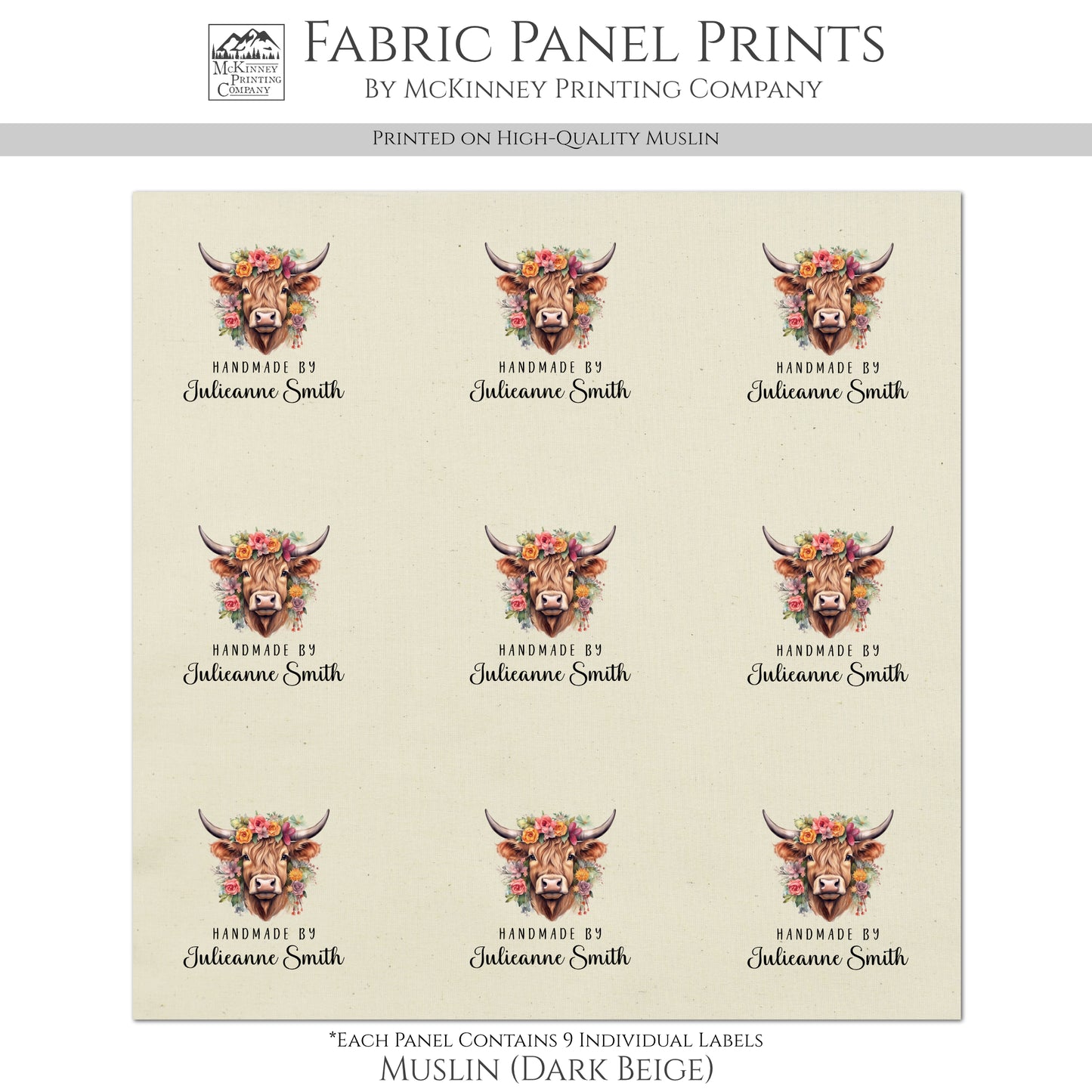 Quilt Labels - Highland Cow Fabric, Handmade, Fabric Tags, Personalized, Custom, Quilting, Crafting and Sewing Tags