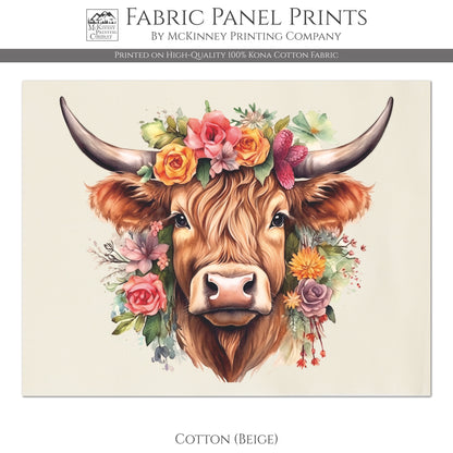 Highland Cow Print, Floral, Flower, Quilt, Quilting, Sewing, Crafts, Home Decor, Wall Art - Cotton