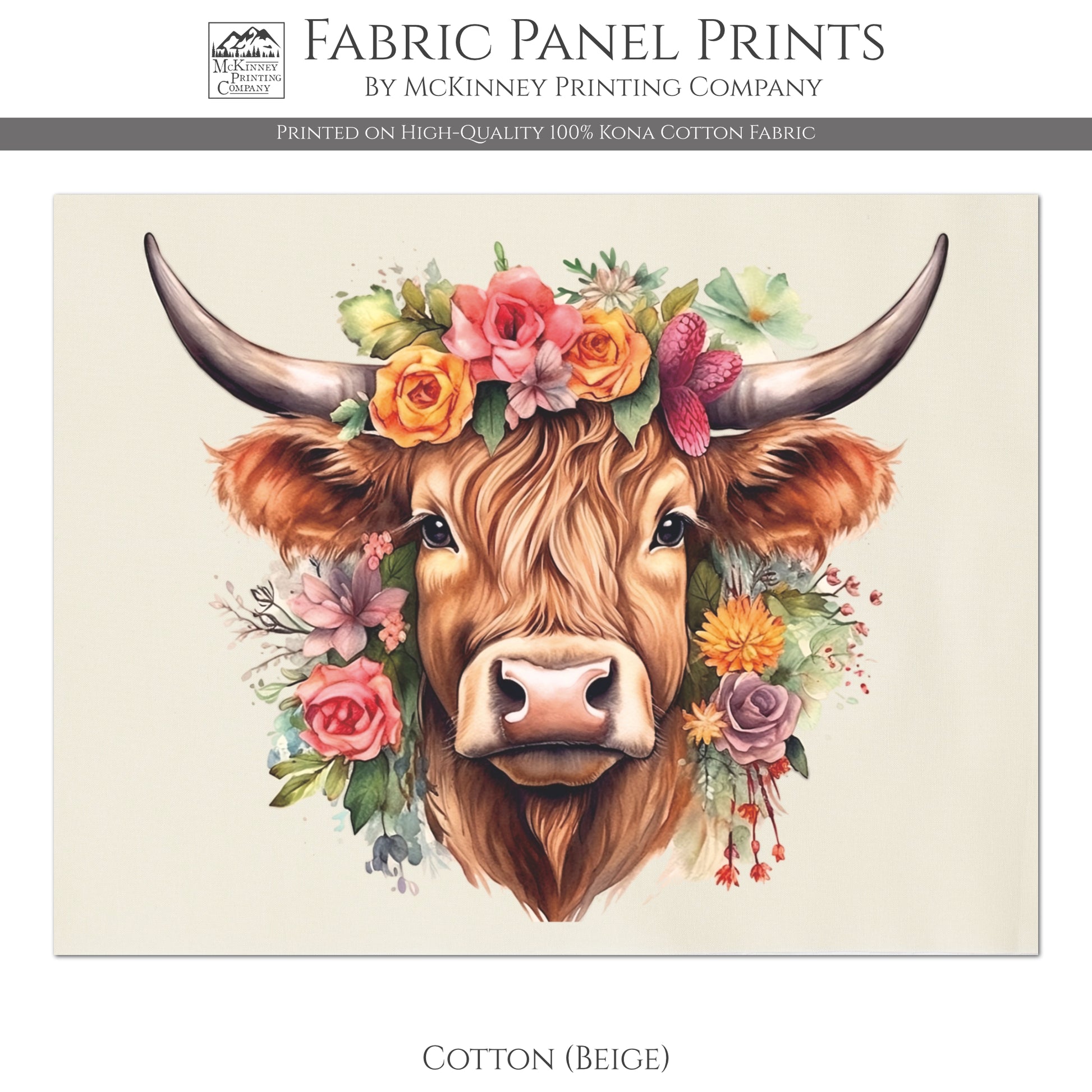 Highland Cow Print, Floral, Flower, Quilt, Quilting, Sewing, Crafts, Home Decor, Wall Art - Cotton