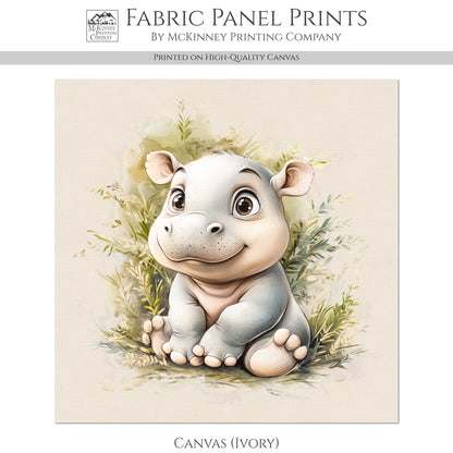 Hippopotamus - Baby Fabric Panels, Hippo, Jungle, Animal, Nursery Décor, Quilt Block, Wall Art, Cotton, Quilting